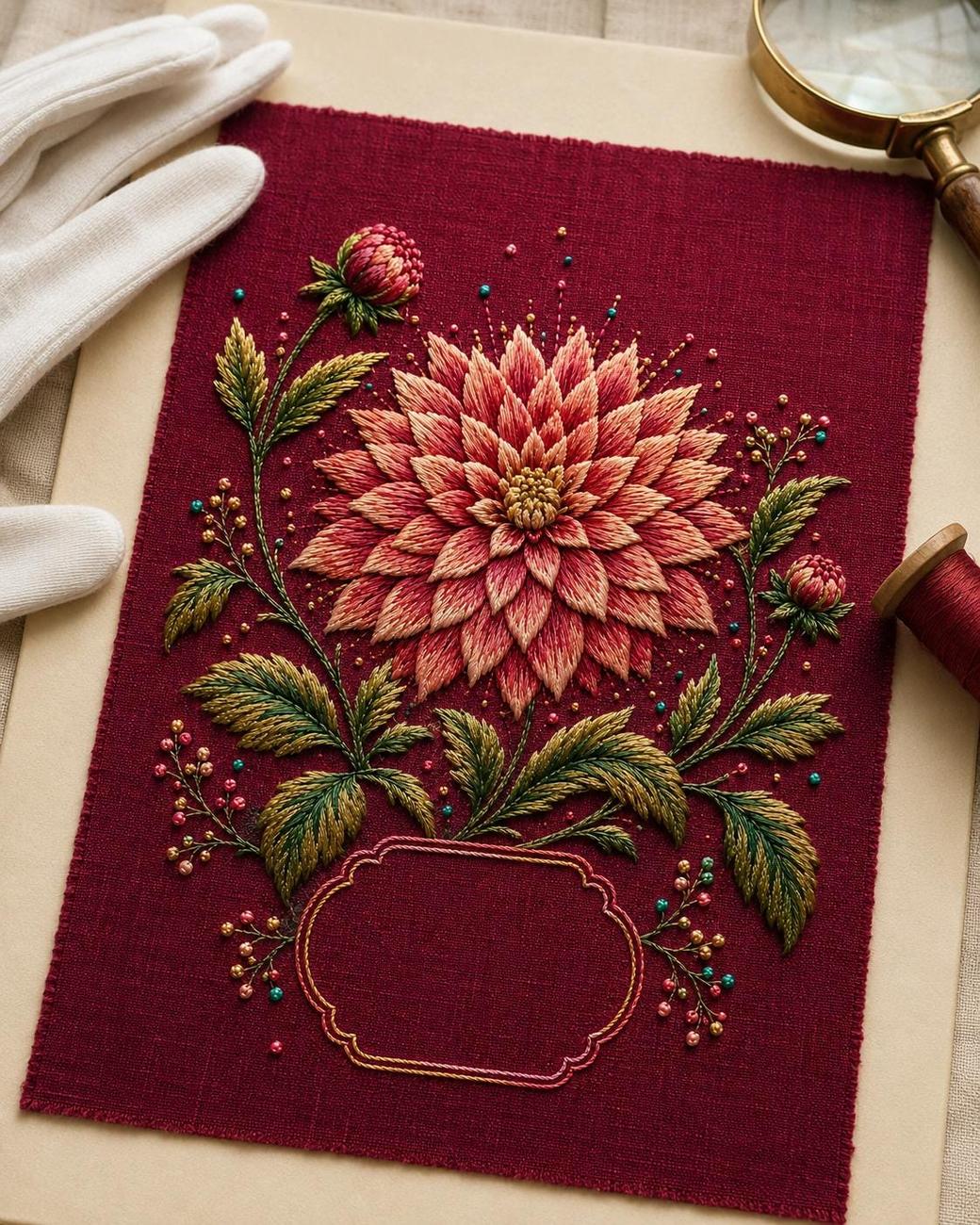 Dahlia Radiant Medallion framed textile display for the digital hand embroidery pattern and stitch guide