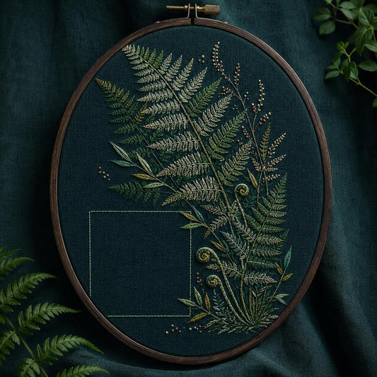 Dark Teal Fern Shadow finished hoop hero for the digital hand embroidery pattern and stitch guide