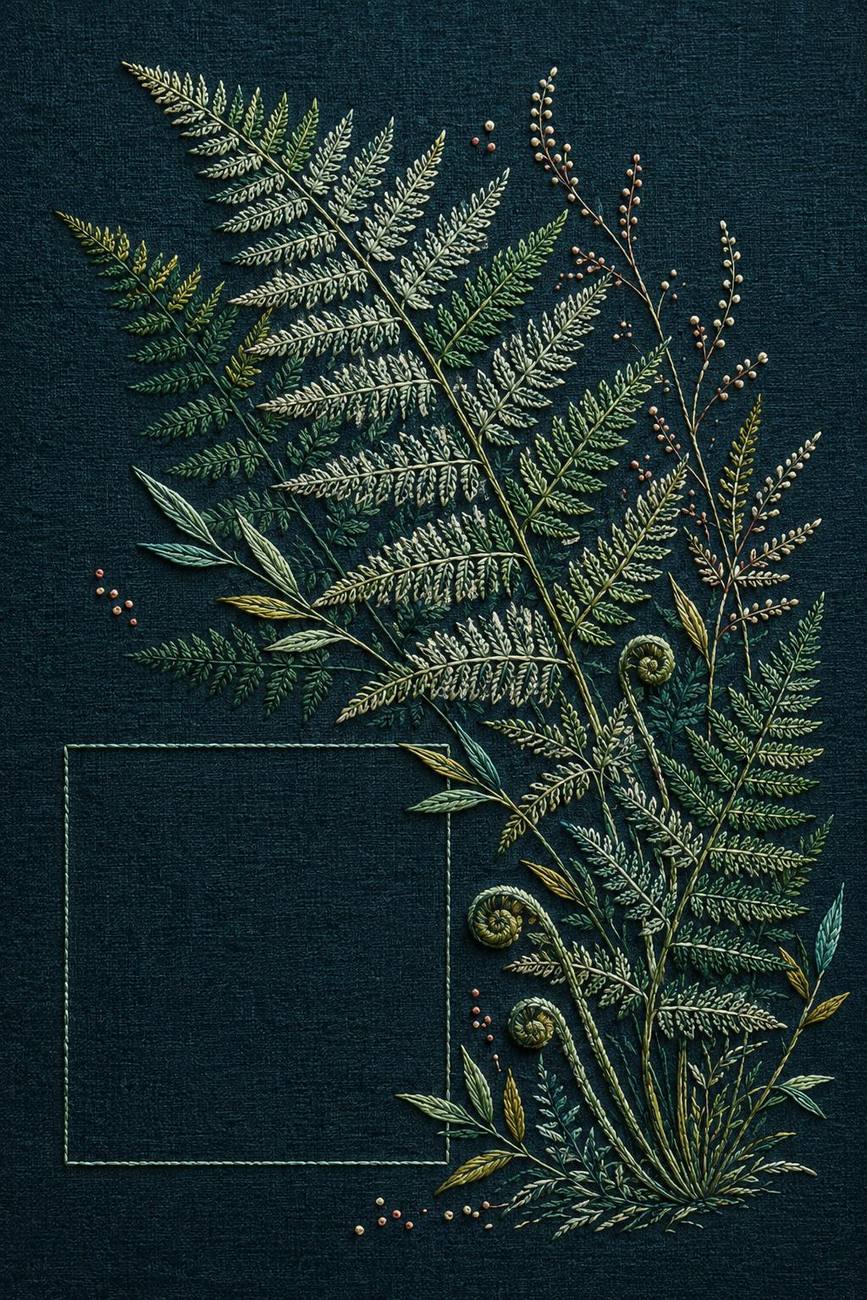 Dark Teal Fern Shadow finished embroidery reference for the digital hand embroidery pattern and stitch guide