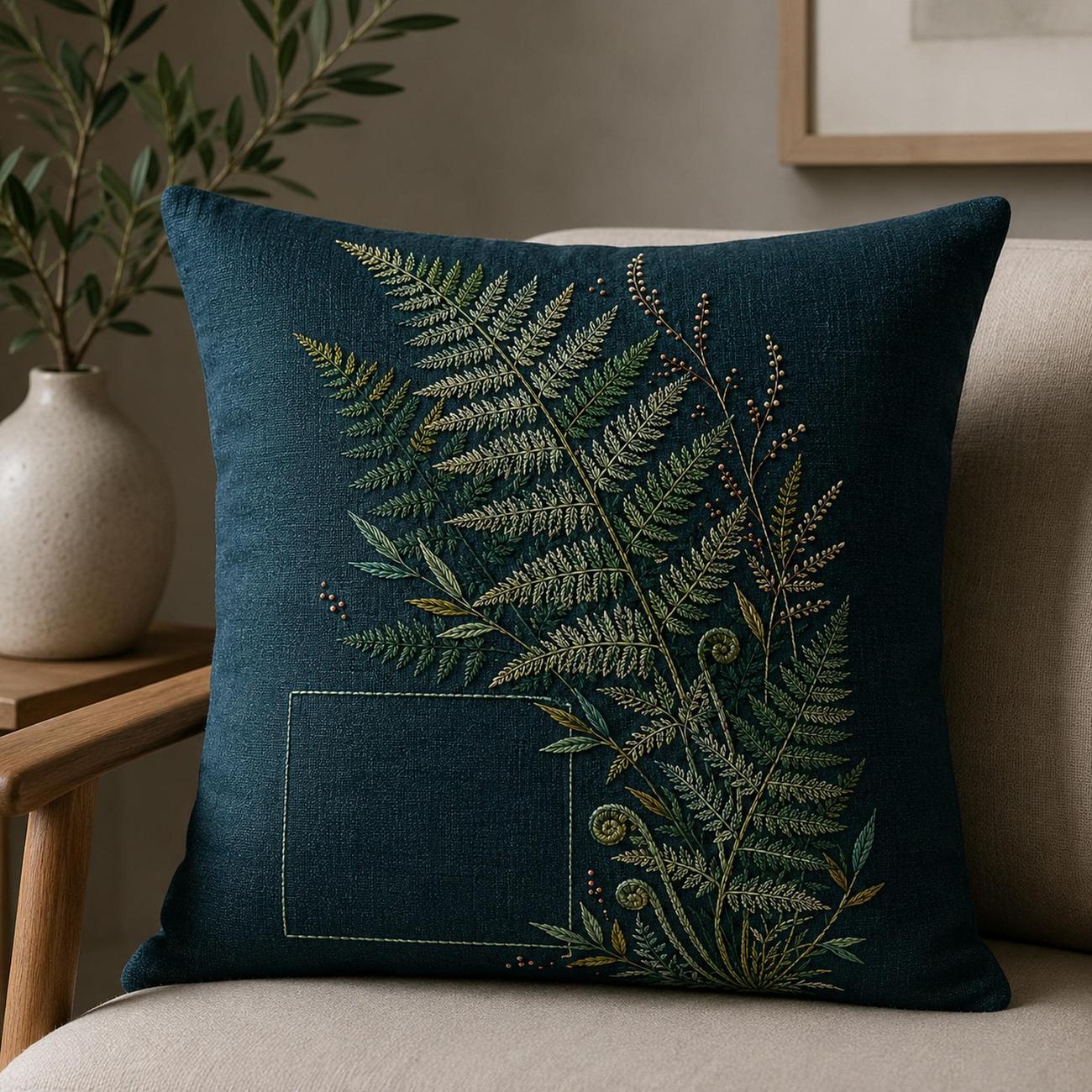 Dark Teal Fern Shadow embroidered project idea for the digital hand embroidery pattern and stitch guide