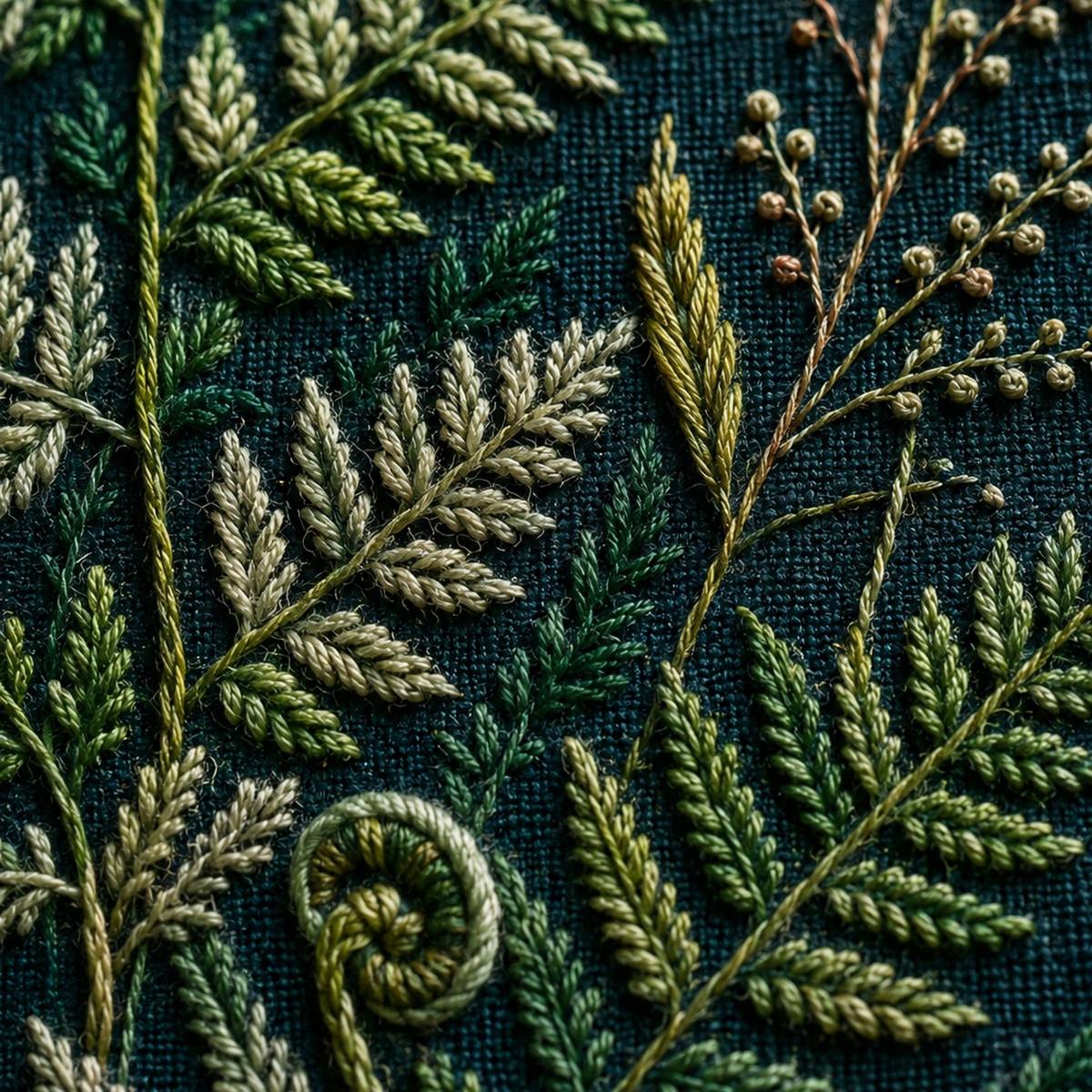 Dark Teal Fern Shadow stitch detail closeup for the digital hand embroidery pattern and stitch guide