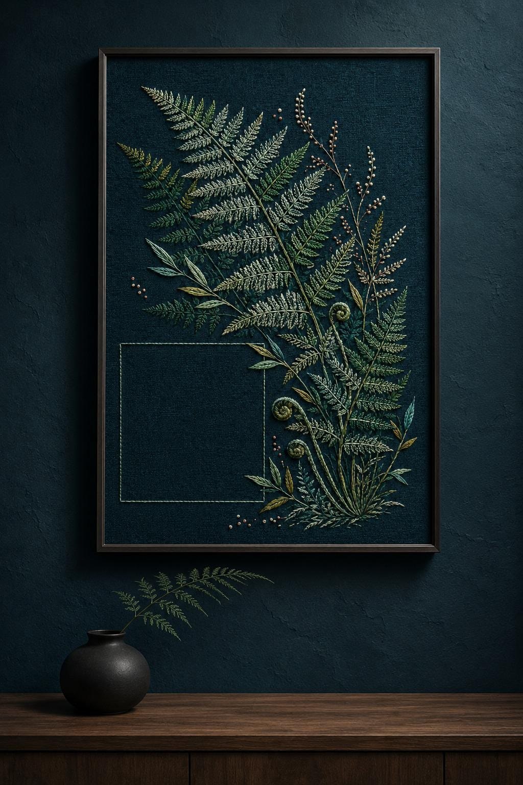 Dark Teal Fern Shadow framed textile display for the digital hand embroidery pattern and stitch guide