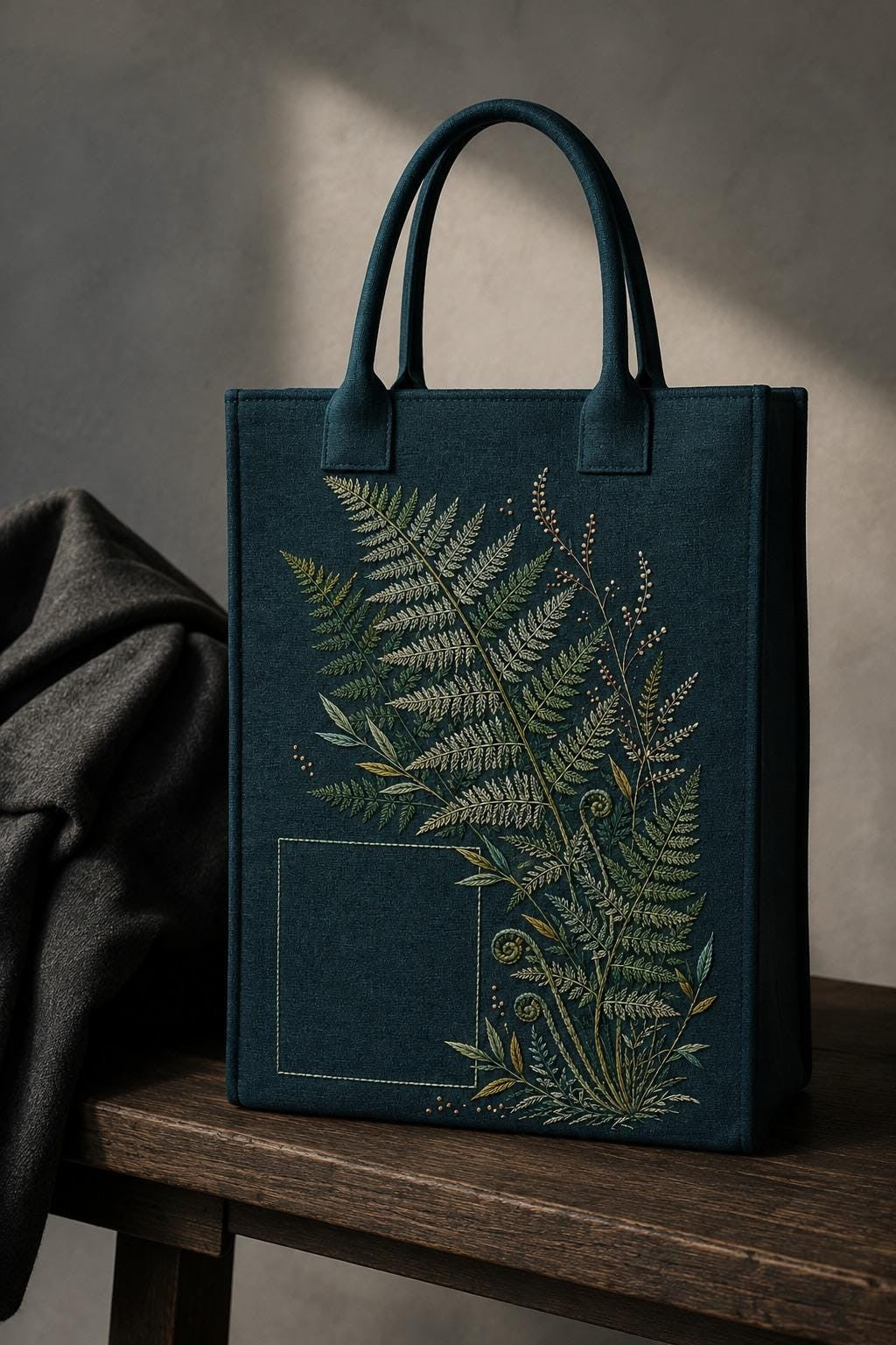 Dark Teal Fern Shadow embroidery portfolio display for the digital hand embroidery pattern and stitch guide