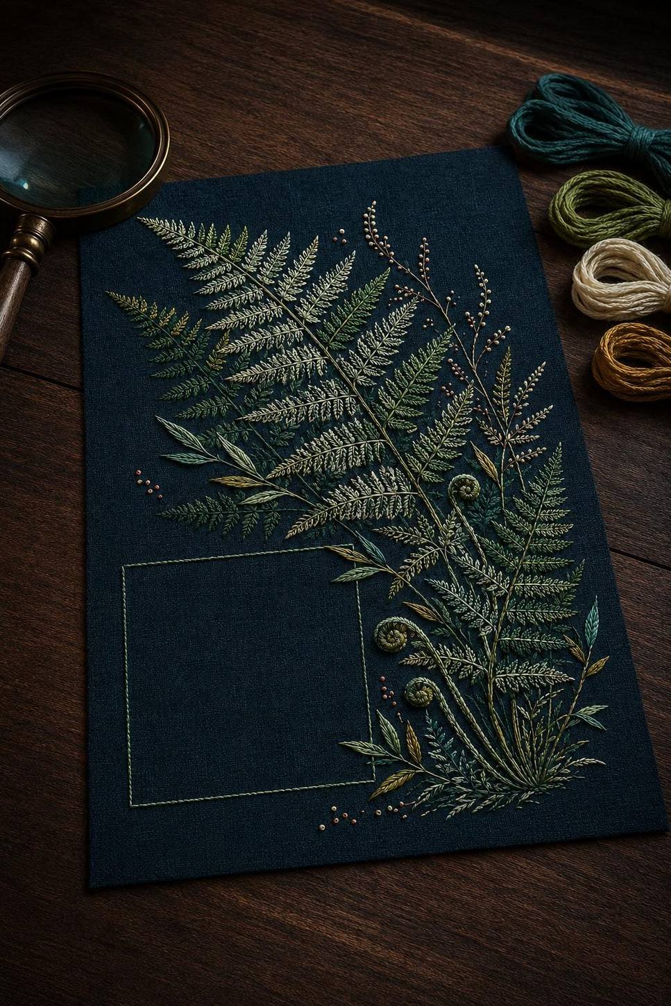 Dark Teal Fern Shadow finished design flatlay for the digital hand embroidery pattern and stitch guide