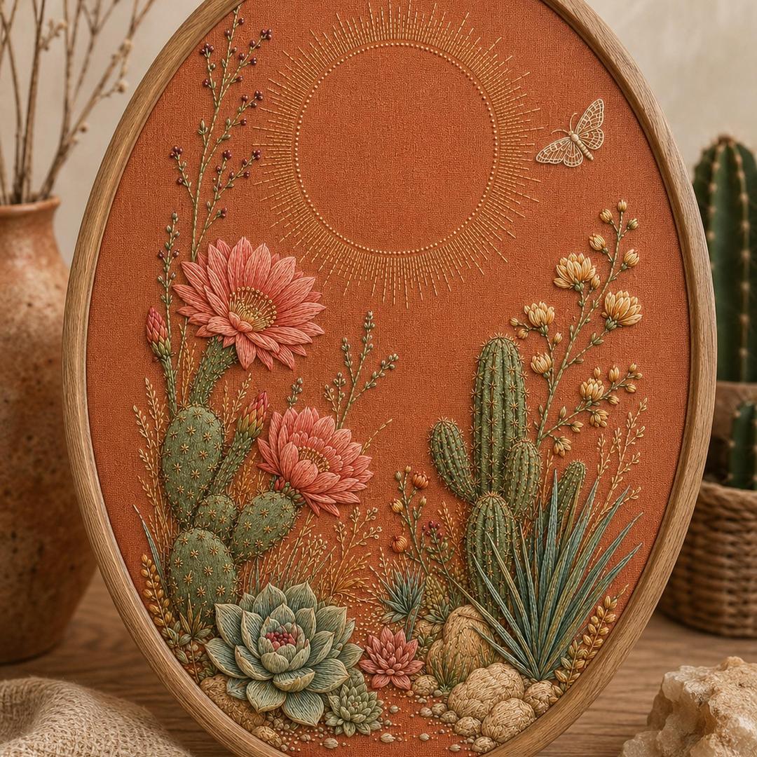 Desert Bloom Textile finished hoop hero for the digital hand embroidery pattern and stitch guide