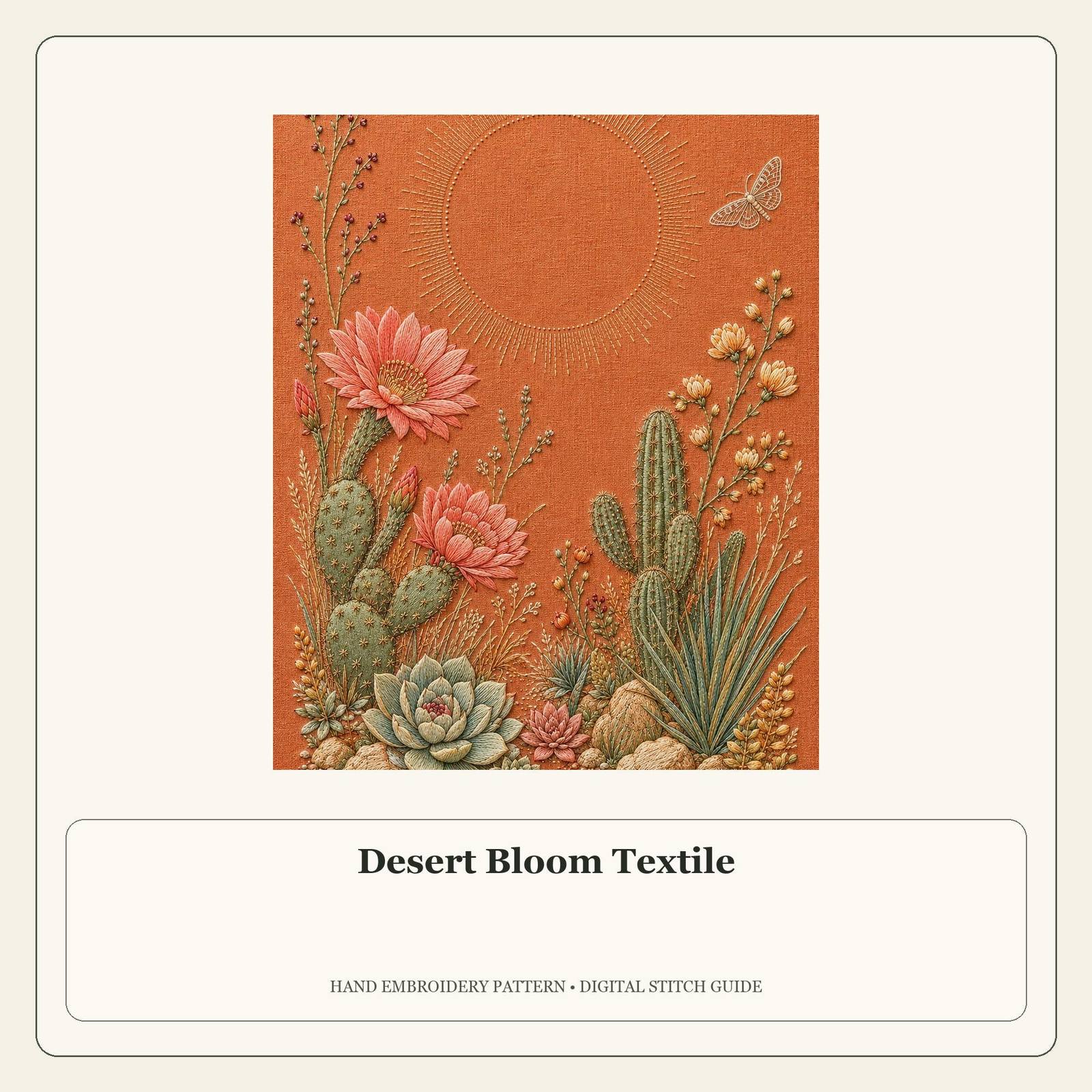 Desert Bloom Textile stitch guide cover for the digital hand embroidery pattern and stitch guide