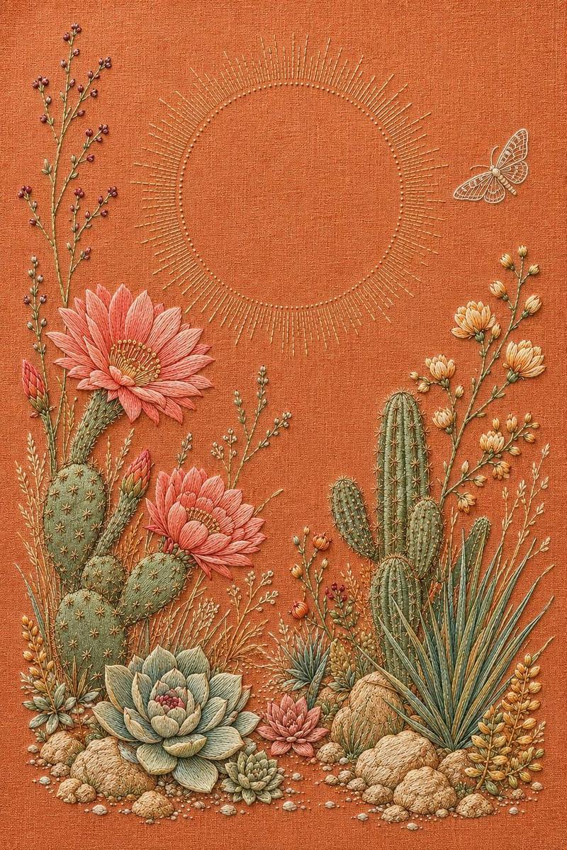 Desert Bloom Textile finished embroidery reference for the digital hand embroidery pattern and stitch guide