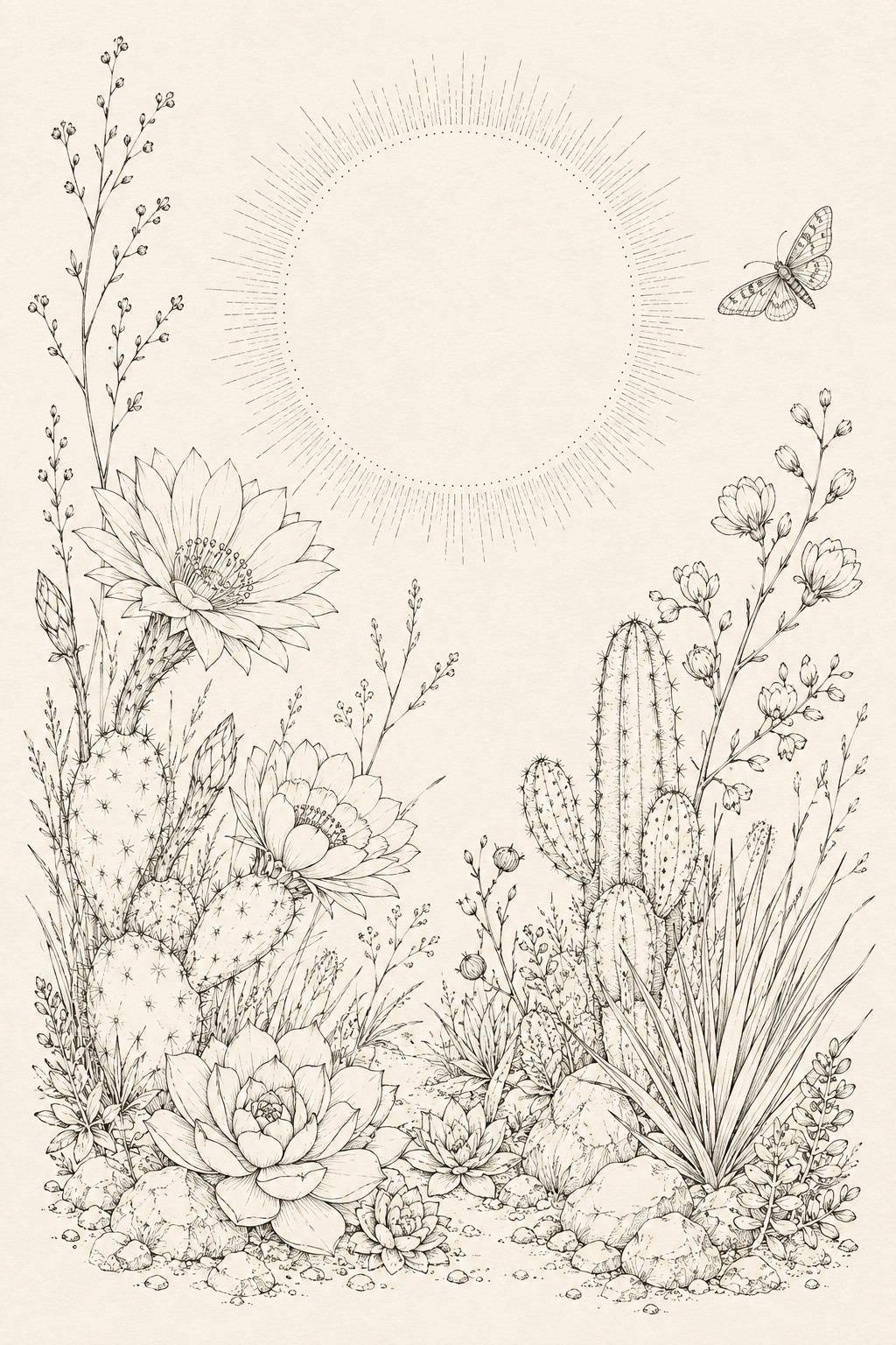 Desert Bloom Textile transfer linework preview for the digital hand embroidery pattern and stitch guide