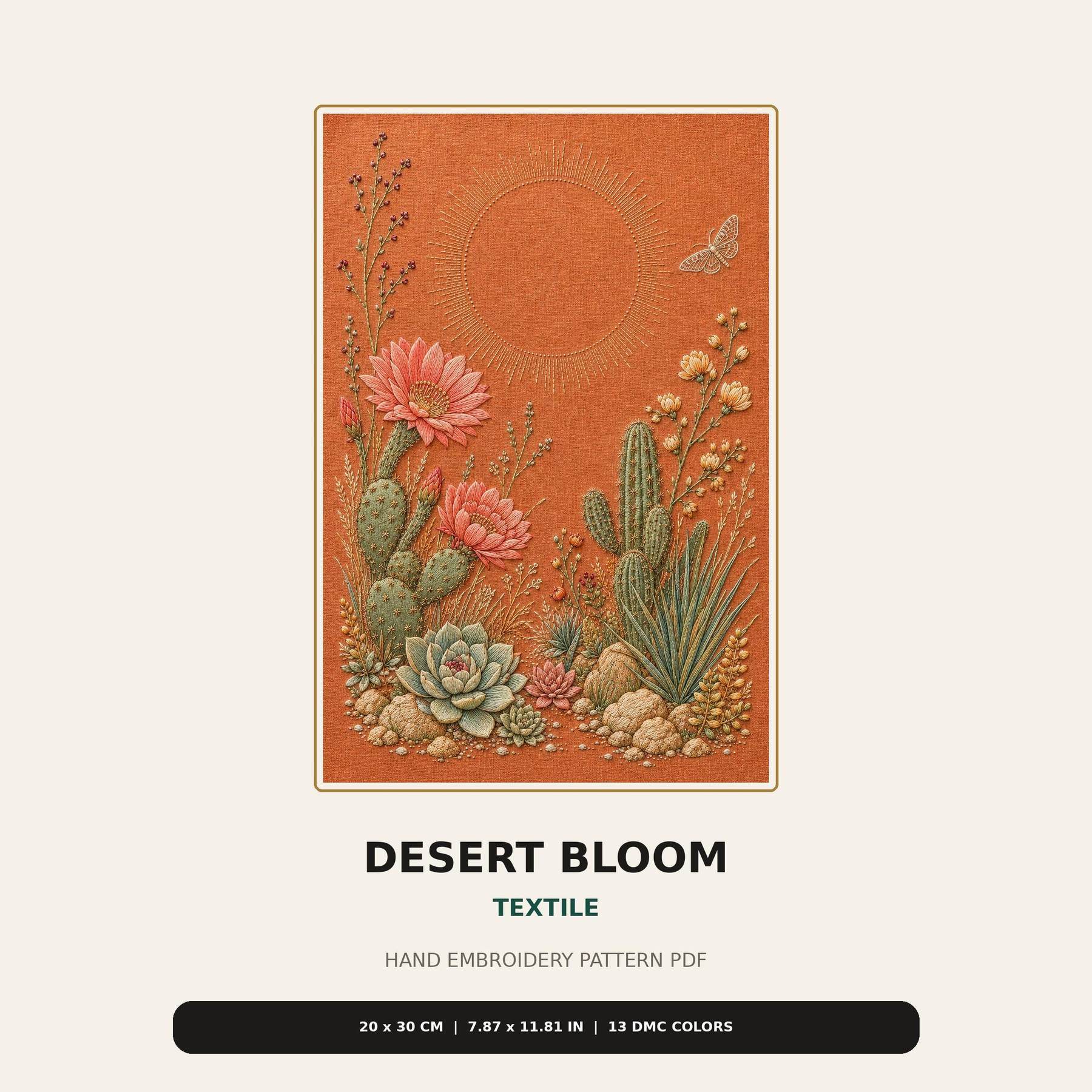 Desert Bloom Textile pattern edition overview for the digital hand embroidery pattern and stitch guide