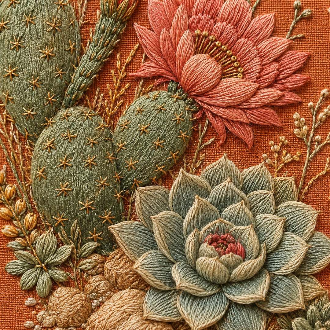 Desert Bloom Textile stitch detail closeup for the digital hand embroidery pattern and stitch guide