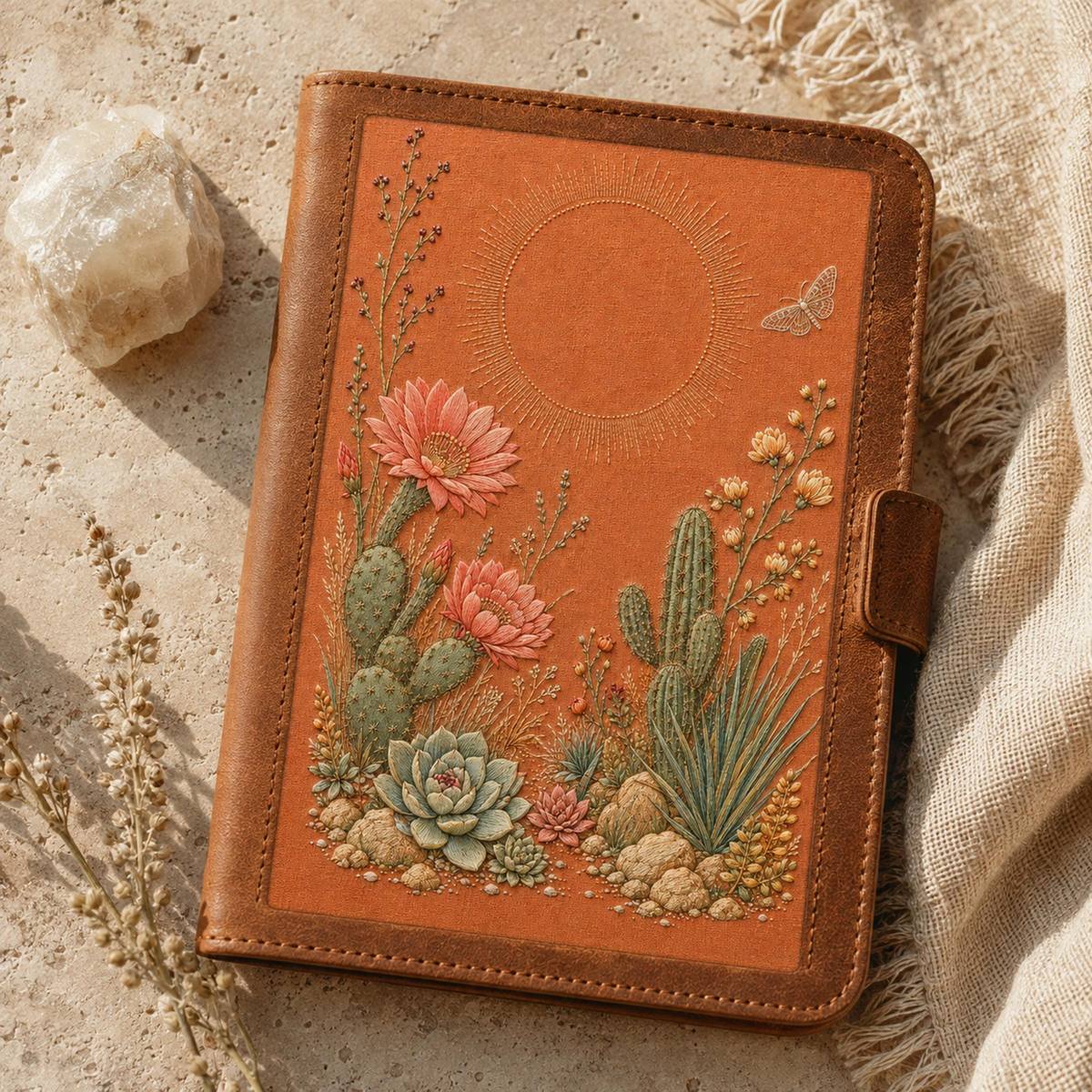 Desert Bloom Textile framed textile display for the digital hand embroidery pattern and stitch guide