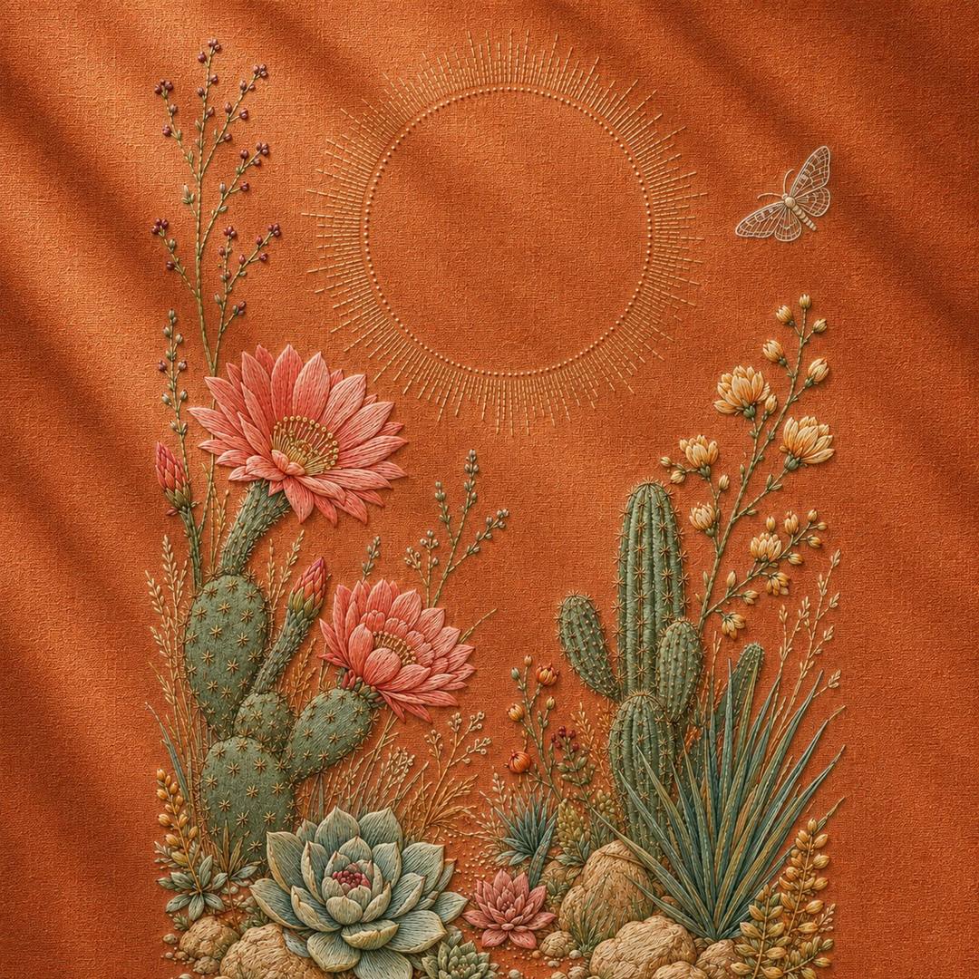 Desert Bloom Textile finished design flatlay for the digital hand embroidery pattern and stitch guide