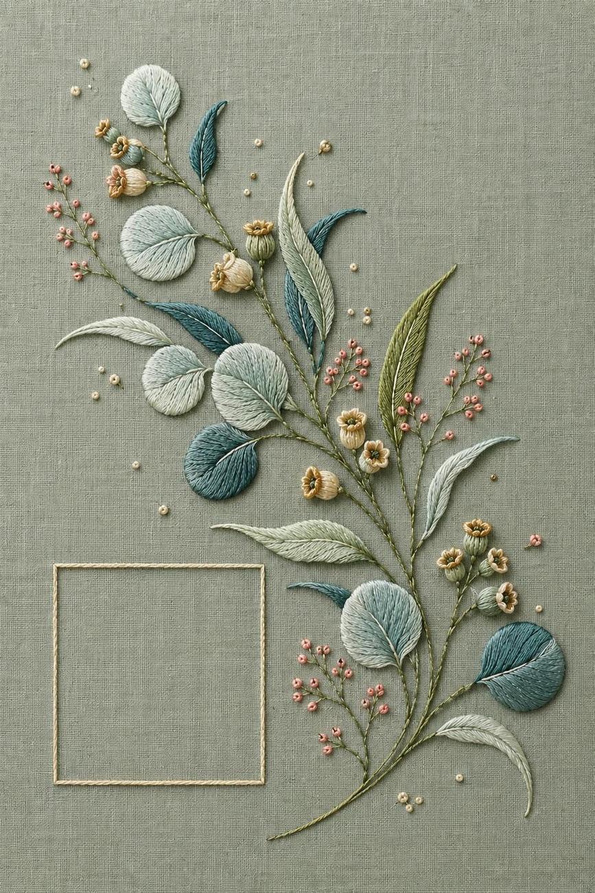 Eucalyptus Seed Capsule finished embroidery reference for the digital hand embroidery pattern and stitch guide