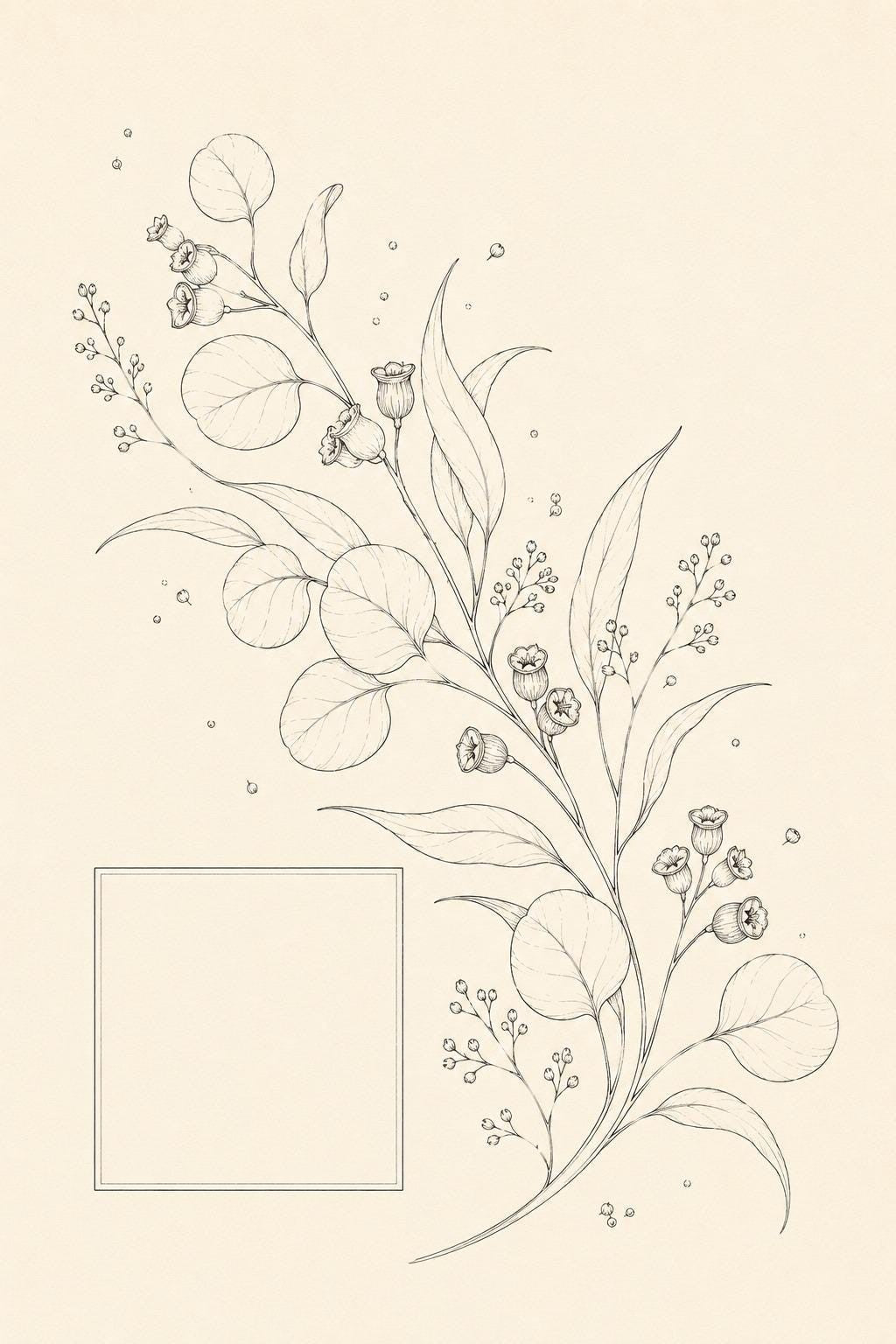 Eucalyptus Seed Capsule transfer linework preview for the digital hand embroidery pattern and stitch guide