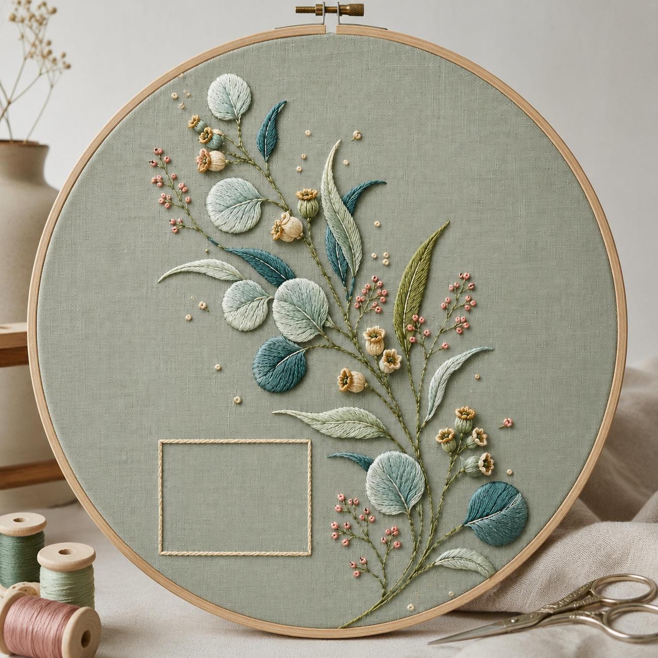 Eucalyptus Seed Capsule embroidered project idea for the digital hand embroidery pattern and stitch guide