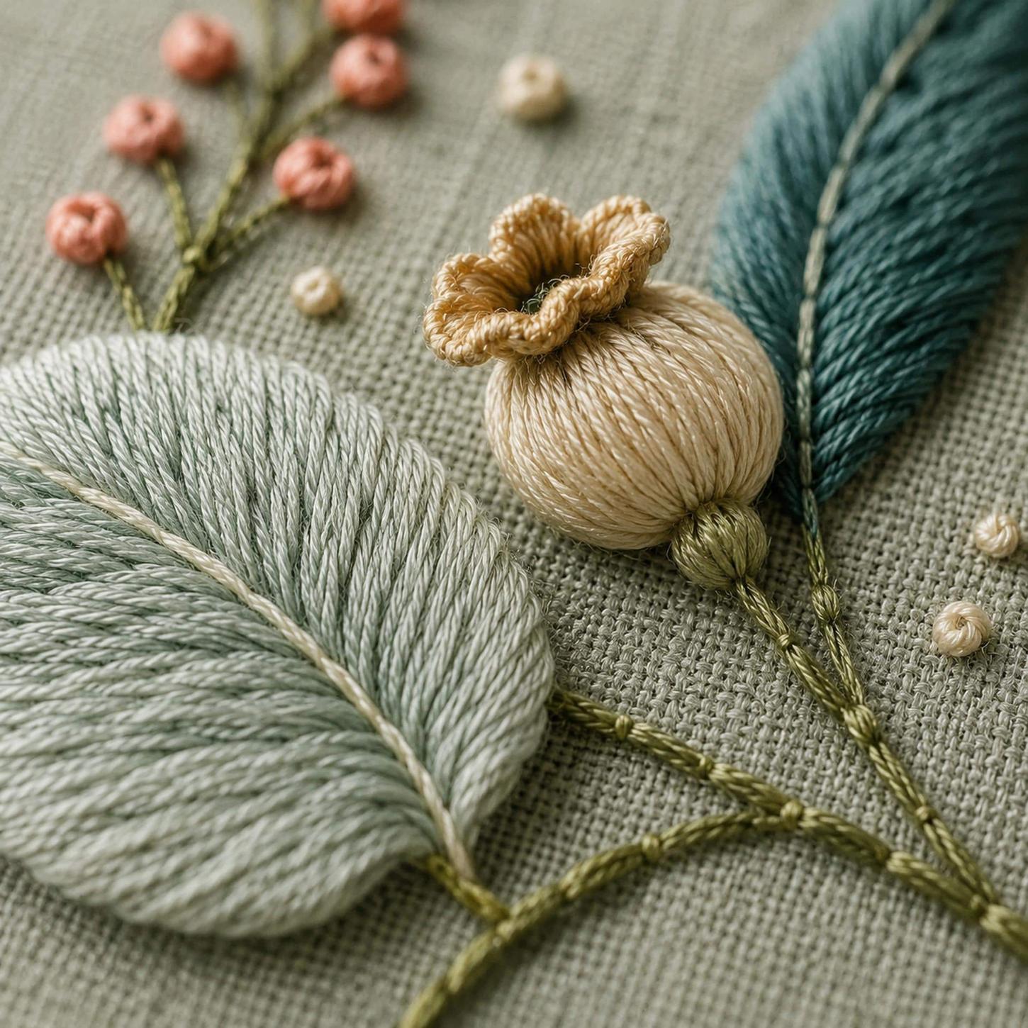 Eucalyptus Seed Capsule stitch detail closeup for the digital hand embroidery pattern and stitch guide