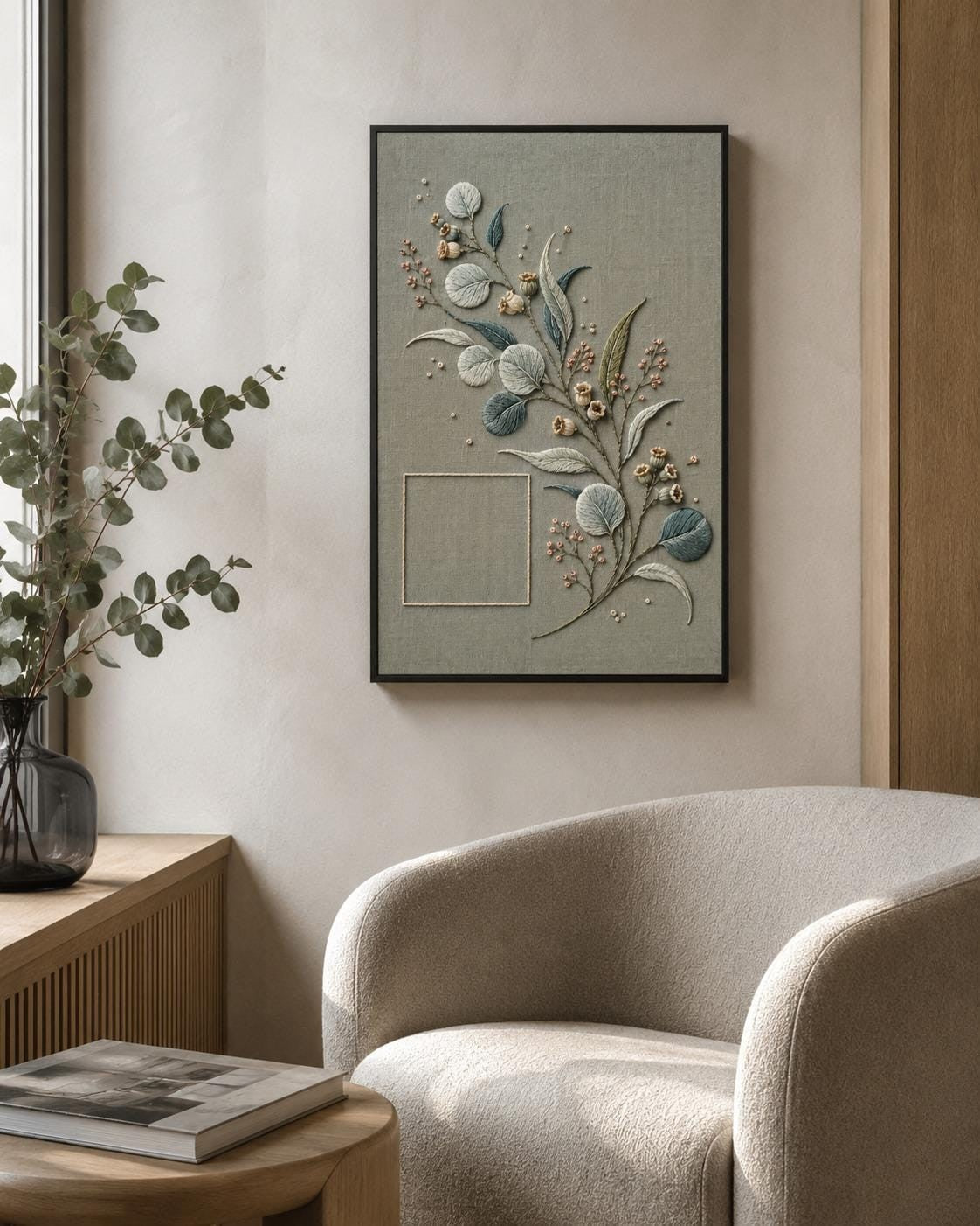 Eucalyptus Seed Capsule framed textile display for the digital hand embroidery pattern and stitch guide