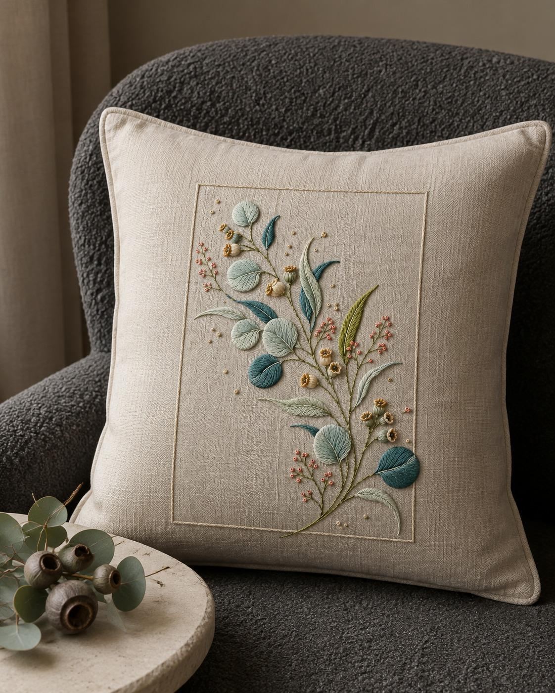 Eucalyptus Seed Capsule embroidery portfolio display for the digital hand embroidery pattern and stitch guide