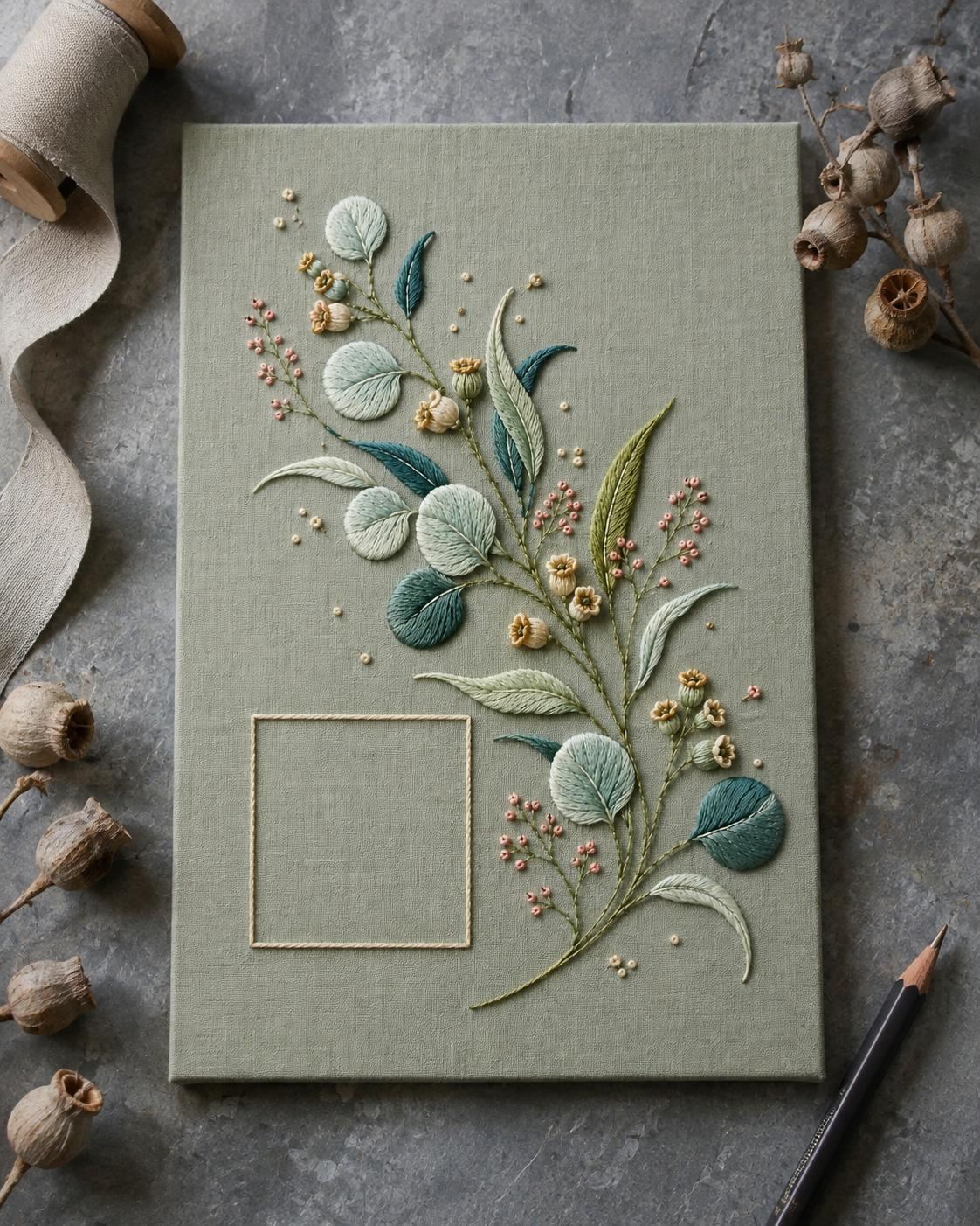 Eucalyptus Seed Capsule finished design flatlay for the digital hand embroidery pattern and stitch guide