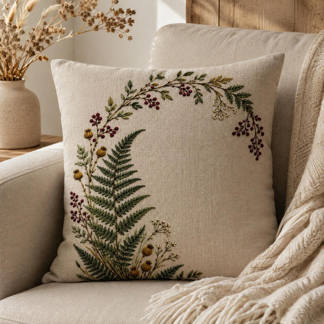 Fern and Berry Arch finished hoop hero for the digital hand embroidery pattern and stitch guide