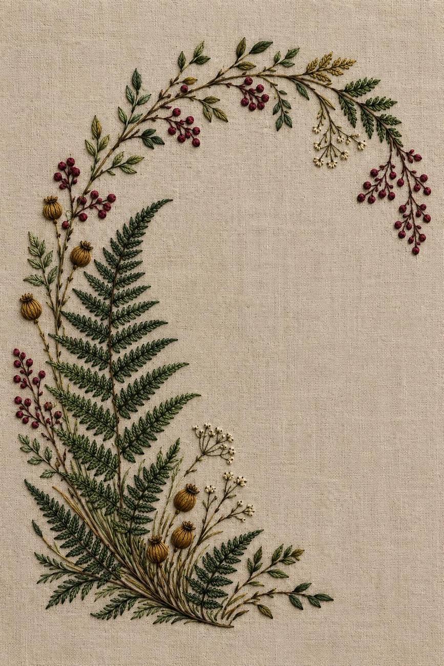 Fern and Berry Arch finished embroidery reference for the digital hand embroidery pattern and stitch guide