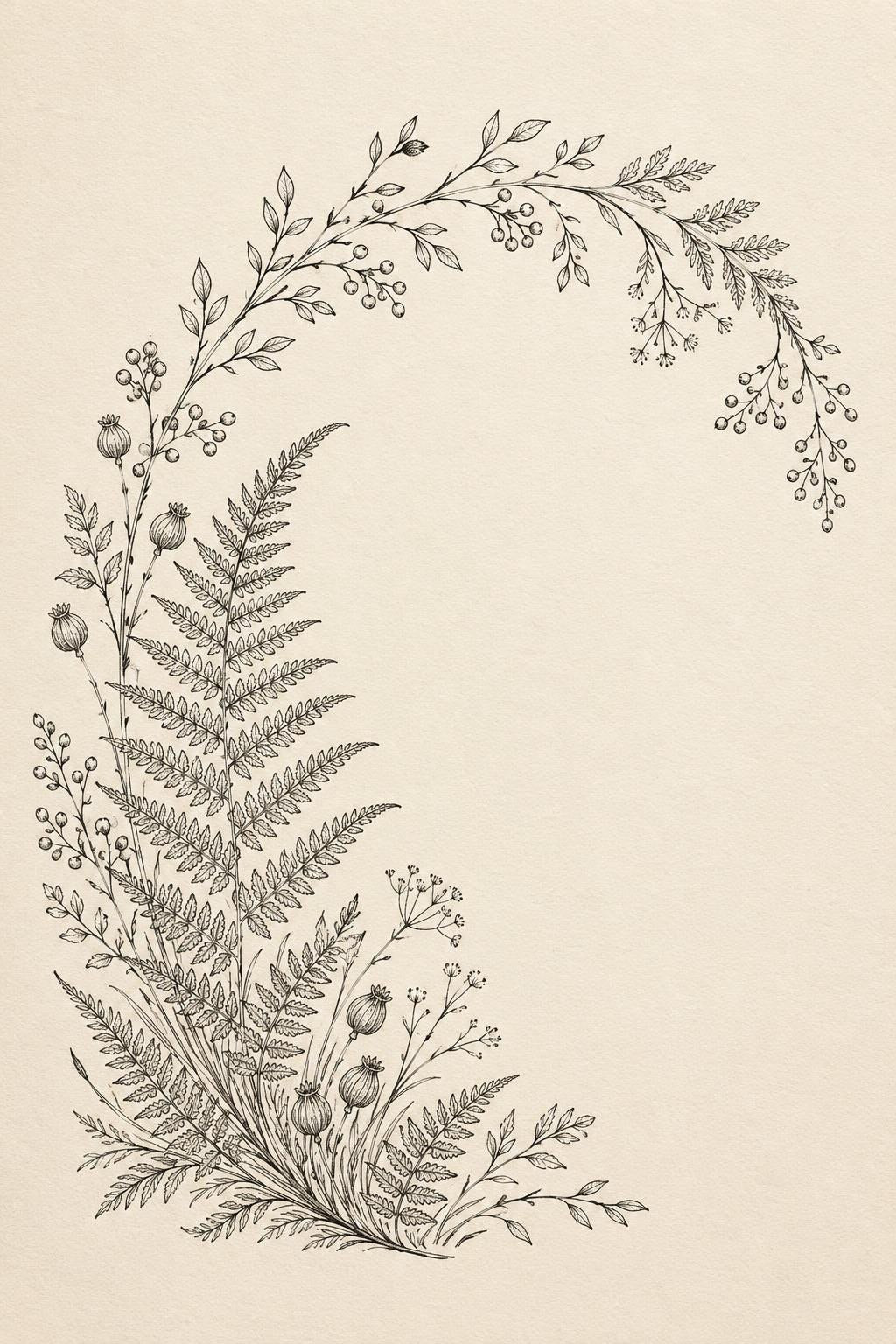 Fern and Berry Arch transfer linework preview for the digital hand embroidery pattern and stitch guide