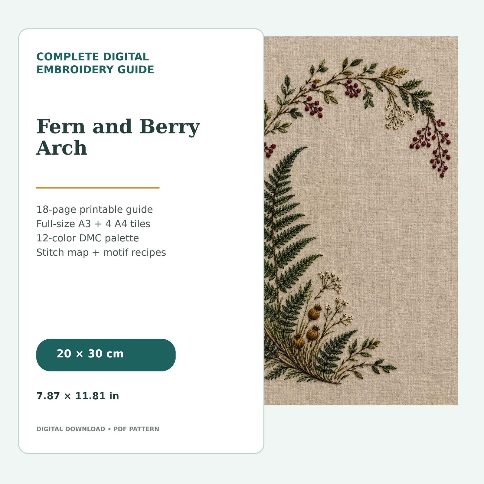 Fern and Berry Arch pattern edition overview for the digital hand embroidery pattern and stitch guide