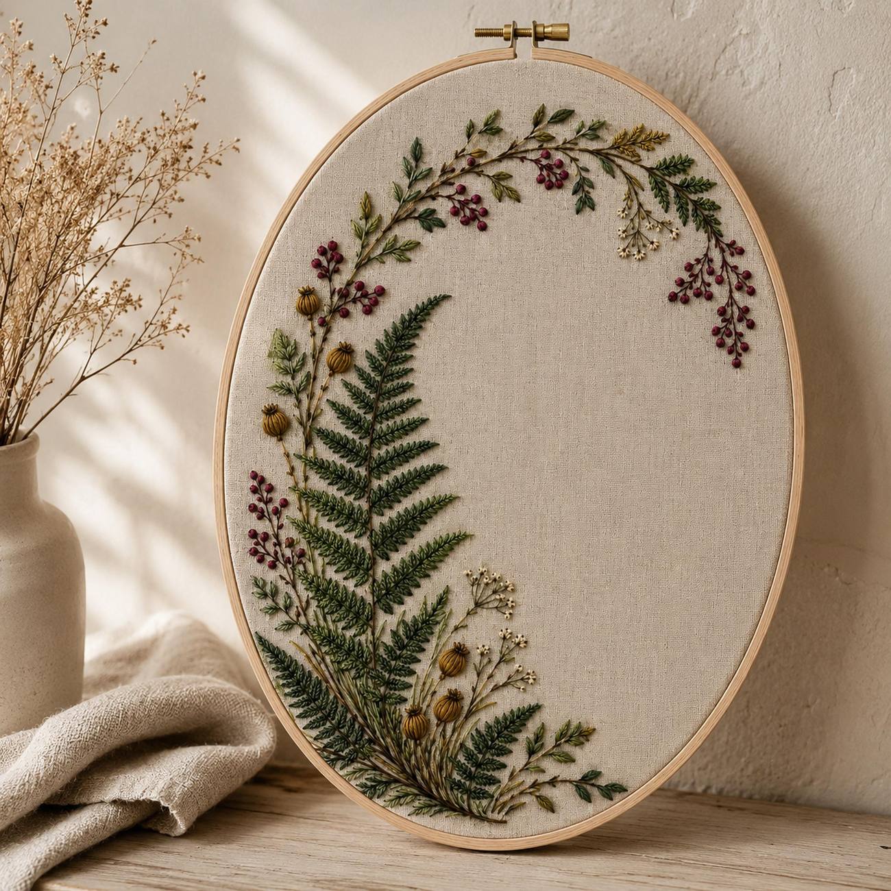Fern and Berry Arch embroidered project idea for the digital hand embroidery pattern and stitch guide