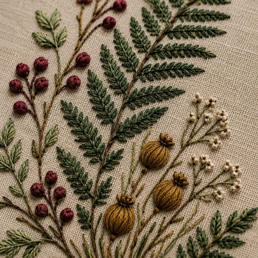 Fern and Berry Arch stitch detail closeup for the digital hand embroidery pattern and stitch guide