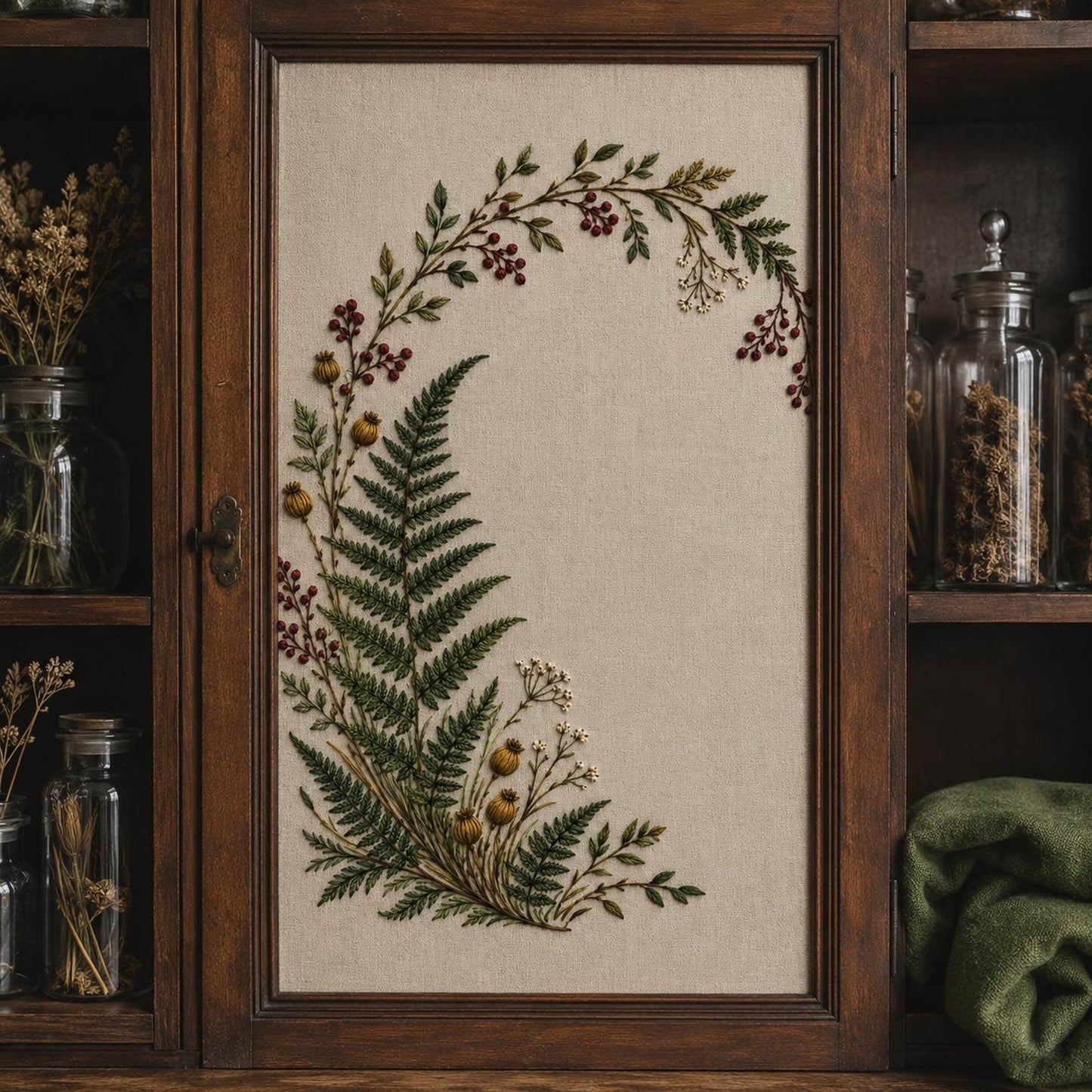 Fern and Berry Arch framed textile display for the digital hand embroidery pattern and stitch guide