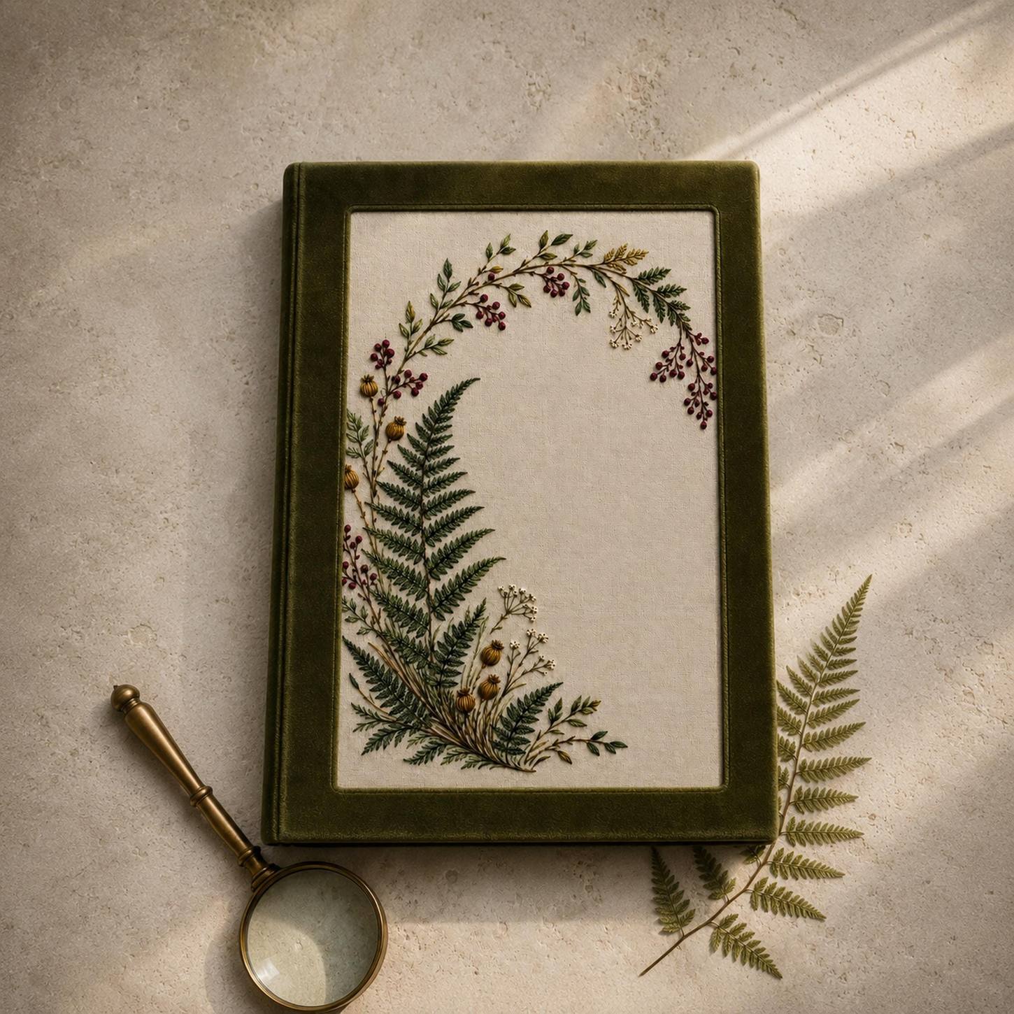 Fern and Berry Arch embroidery portfolio display for the digital hand embroidery pattern and stitch guide