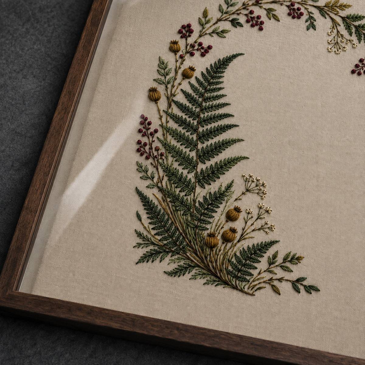 Fern and Berry Arch finished design flatlay for the digital hand embroidery pattern and stitch guide