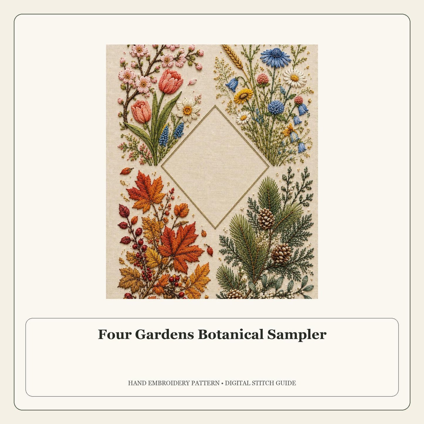 Four Gardens Botanical Sampler stitch guide cover for the digital hand embroidery pattern and stitch guide