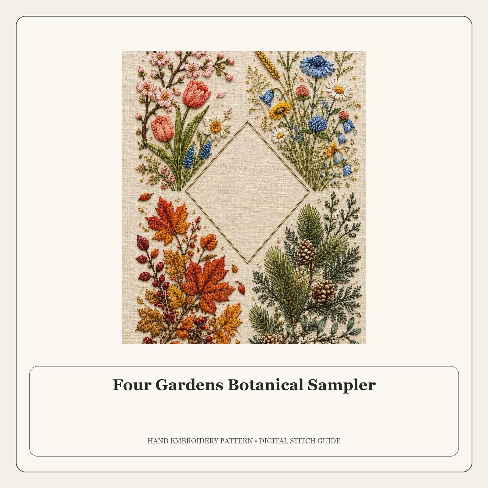 Four Gardens Botanical Sampler stitch guide cover for the digital hand embroidery pattern and stitch guide