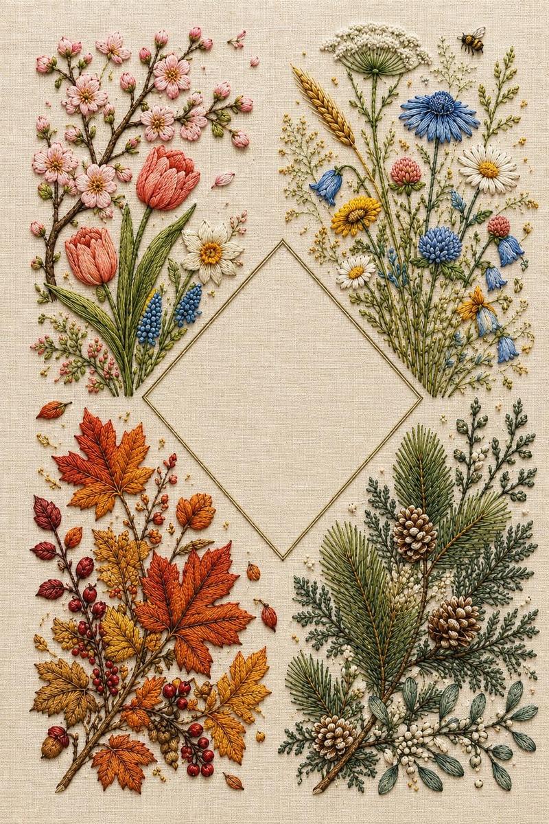 Four Gardens Botanical Sampler finished embroidery reference for the digital hand embroidery pattern and stitch guide