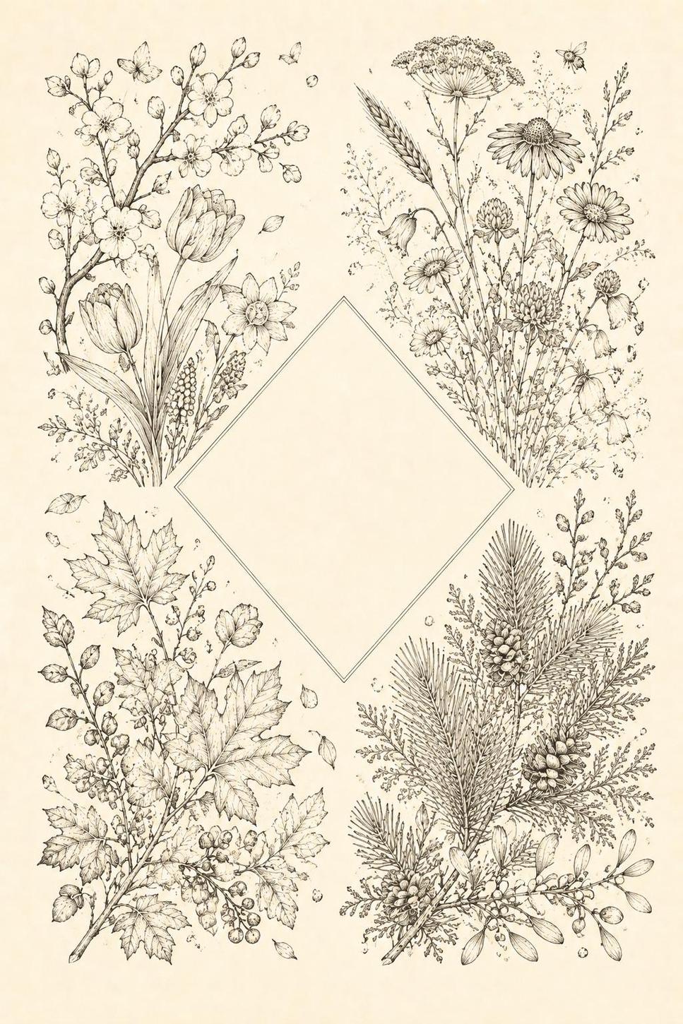 Four Gardens Botanical Sampler transfer linework preview for the digital hand embroidery pattern and stitch guide
