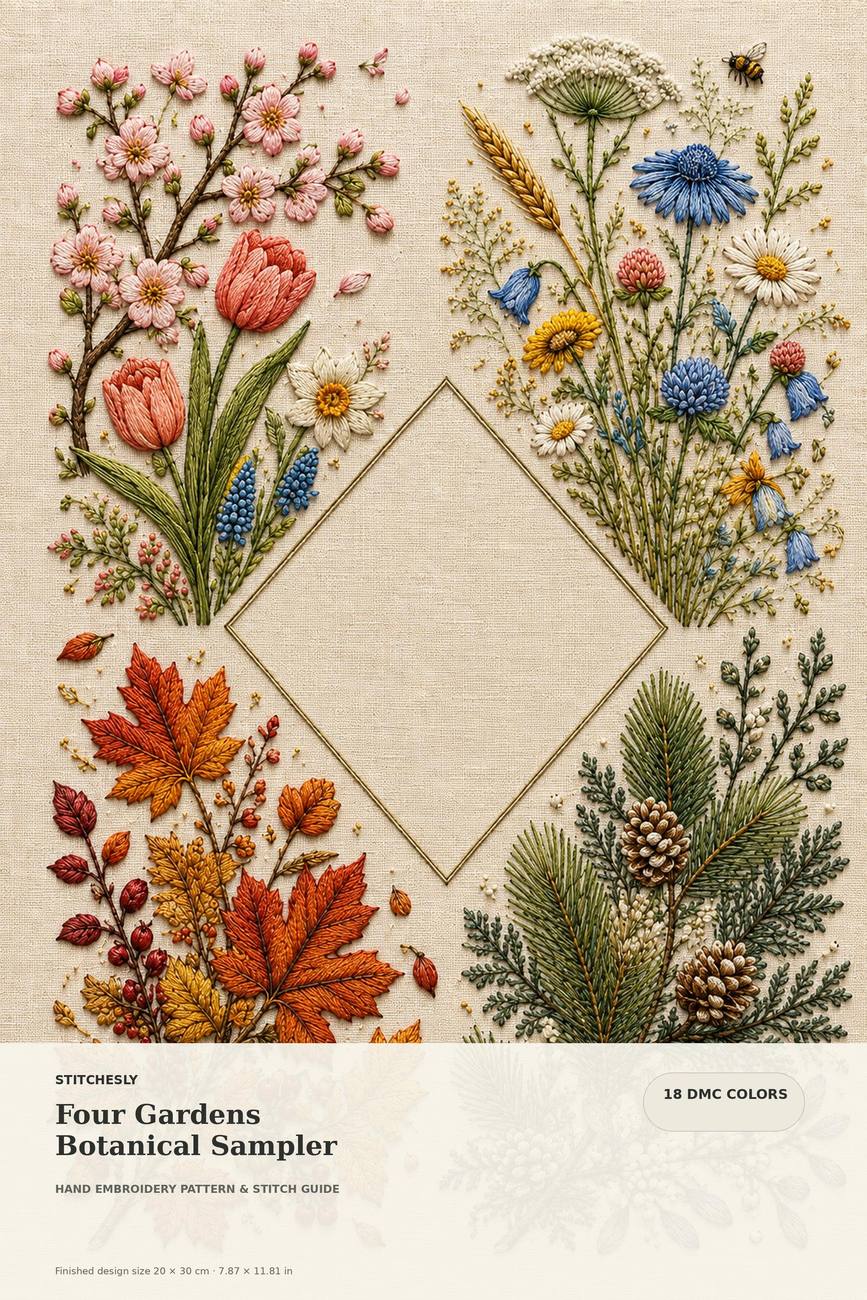 Four Gardens Botanical Sampler pattern edition overview for the digital hand embroidery pattern and stitch guide