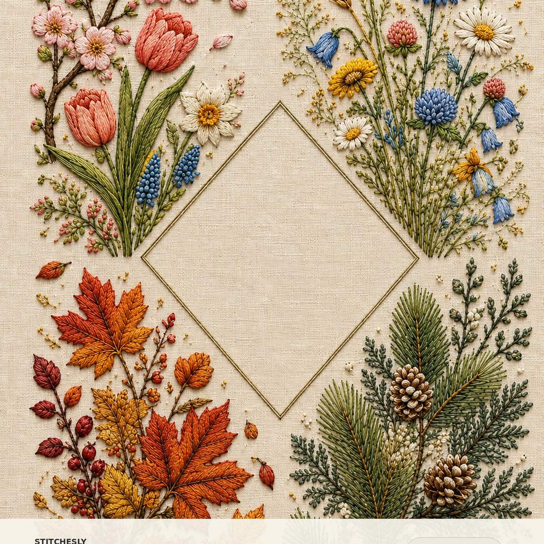 Four Gardens Botanical Sampler embroidered project idea for the digital hand embroidery pattern and stitch guide