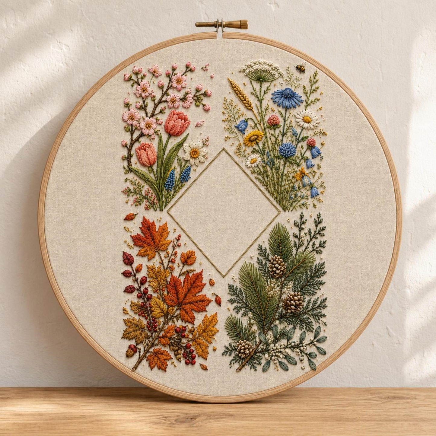 Four Gardens Botanical Sampler stitch detail closeup for the digital hand embroidery pattern and stitch guide