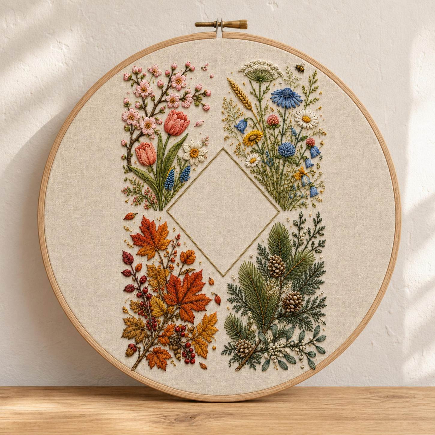 Four Gardens Botanical Sampler stitch detail closeup for the digital hand embroidery pattern and stitch guide