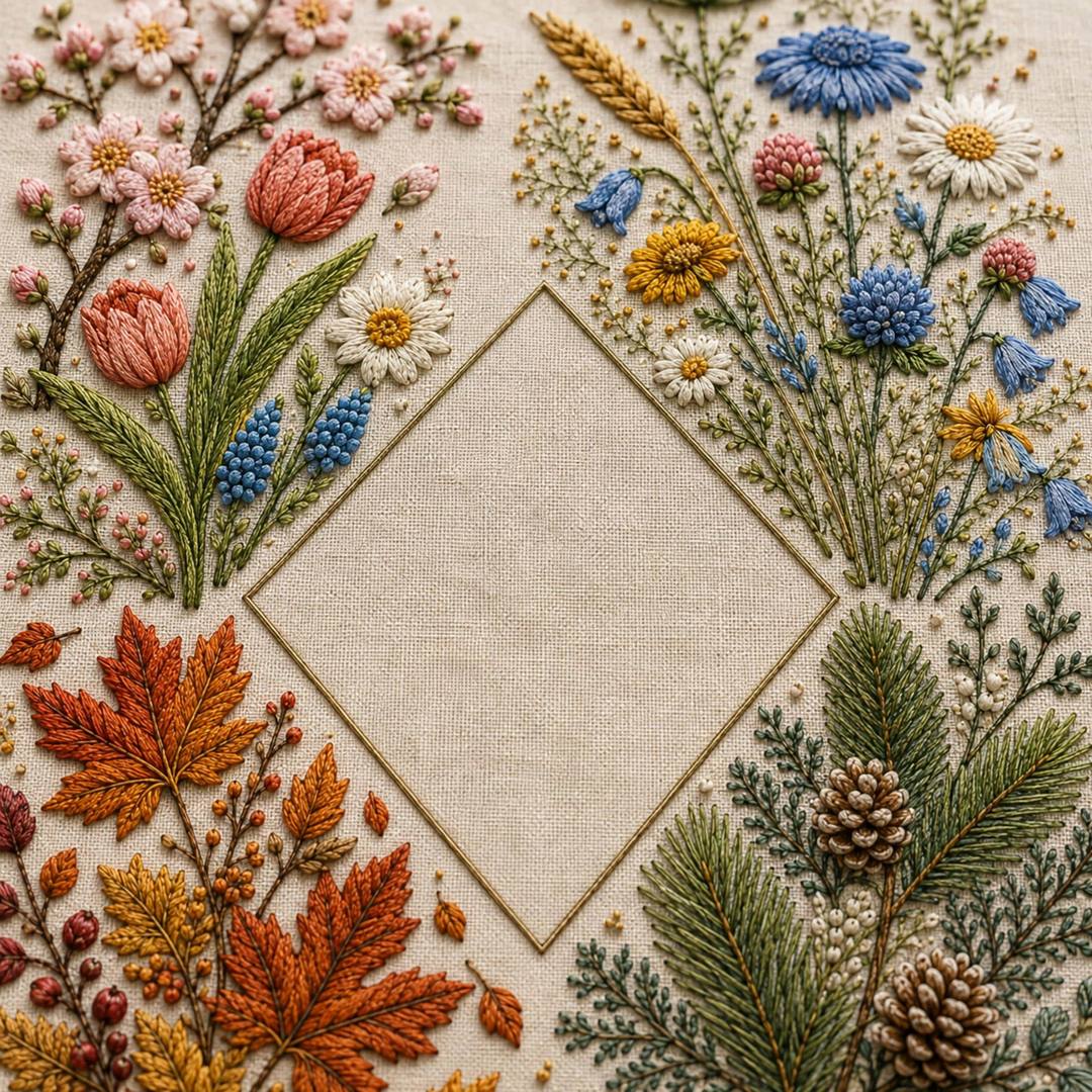 Four Gardens Botanical Sampler stitch guide preview for the digital hand embroidery pattern and stitch guide