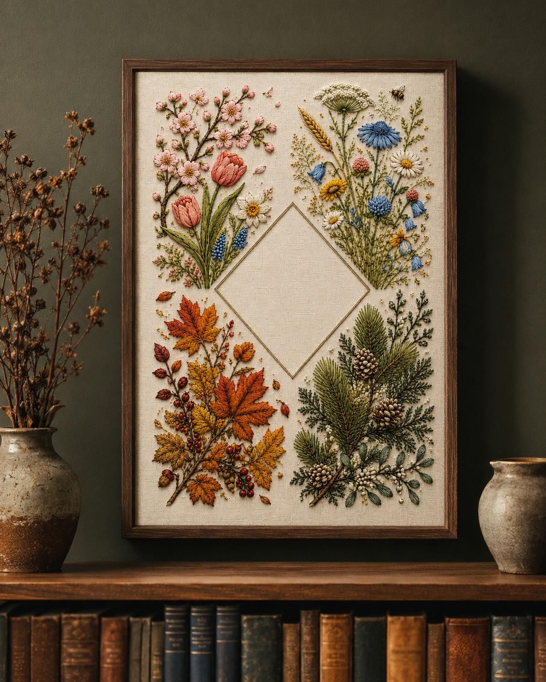 Four Gardens Botanical Sampler finished design flatlay for the digital hand embroidery pattern and stitch guide