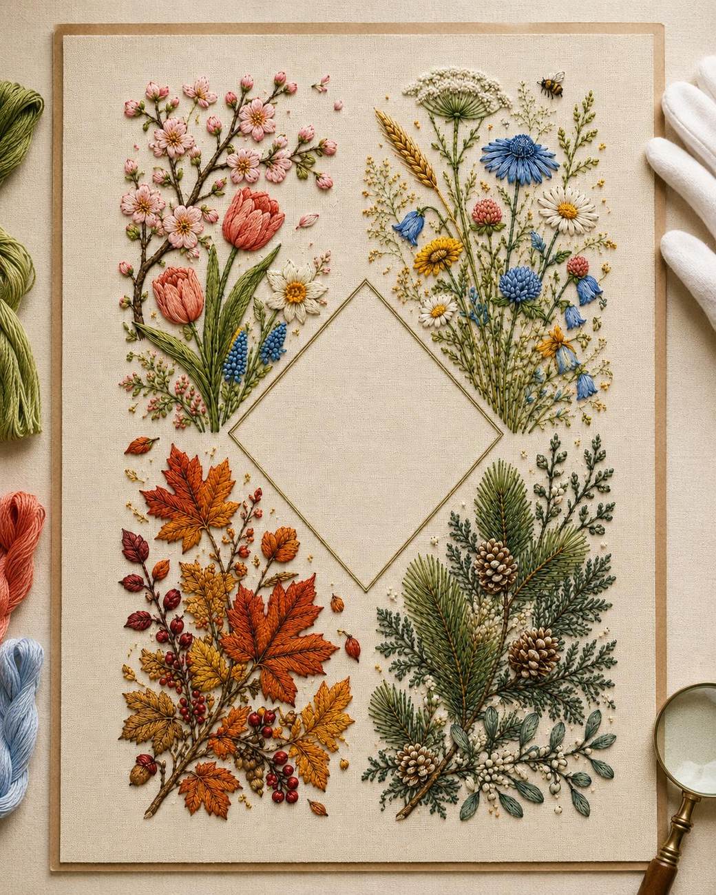 Four Gardens Botanical Sampler additional project reference for the digital hand embroidery pattern and stitch guide