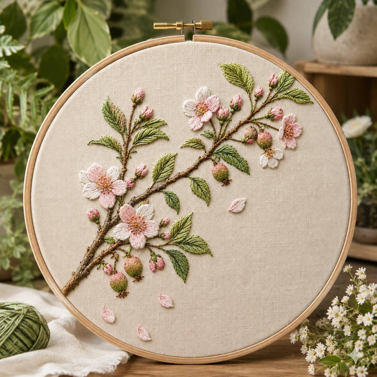 Fruit Blossom Branch finished hoop hero for the digital hand embroidery pattern and stitch guide