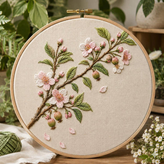 Fruit Blossom Branch finished hoop hero for the digital hand embroidery pattern and stitch guide