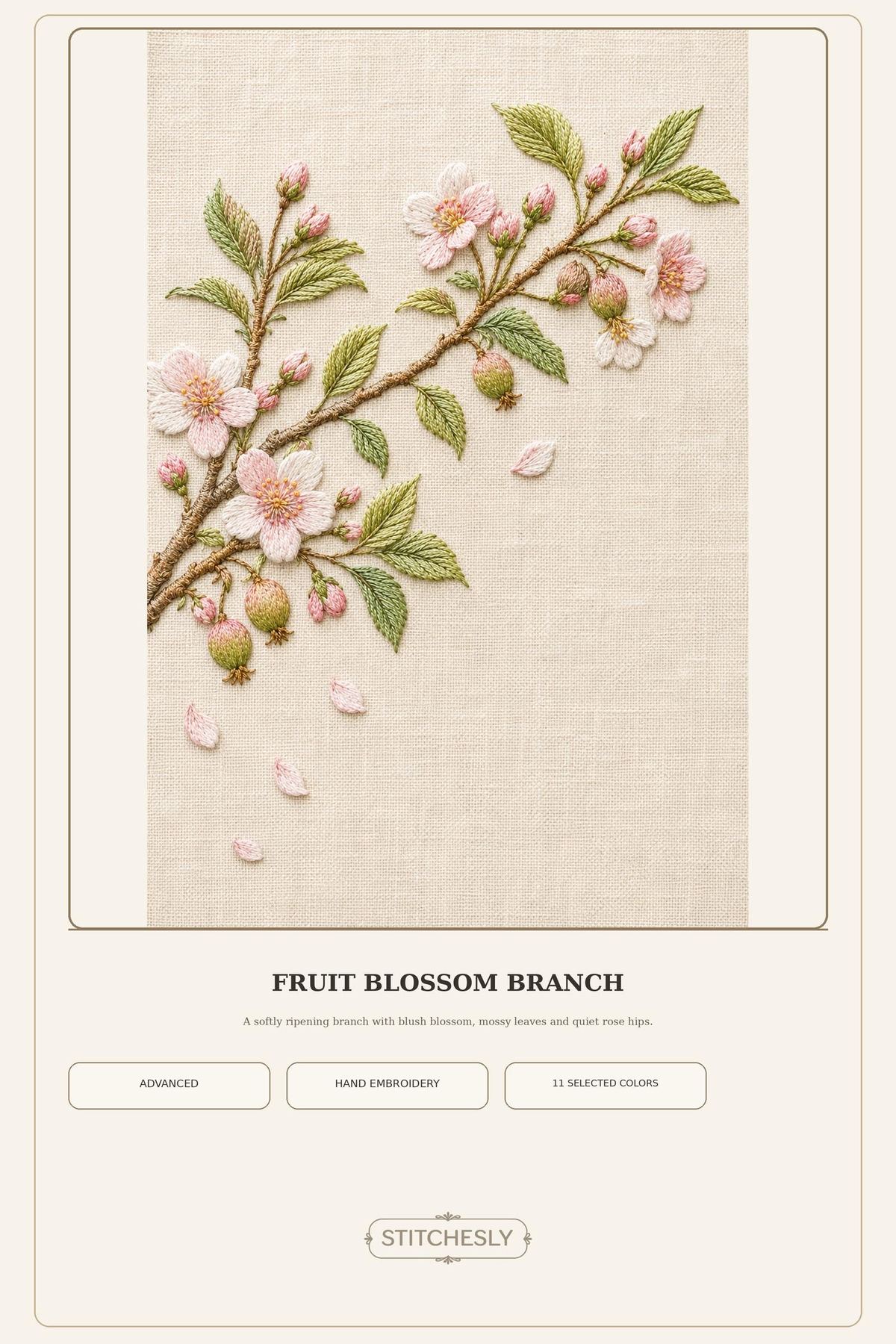 Fruit Blossom Branch pattern edition overview for the digital hand embroidery pattern and stitch guide