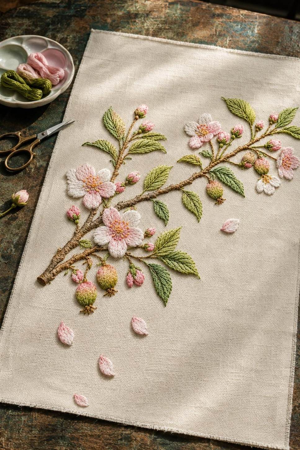 Fruit Blossom Branch framed textile display for the digital hand embroidery pattern and stitch guide