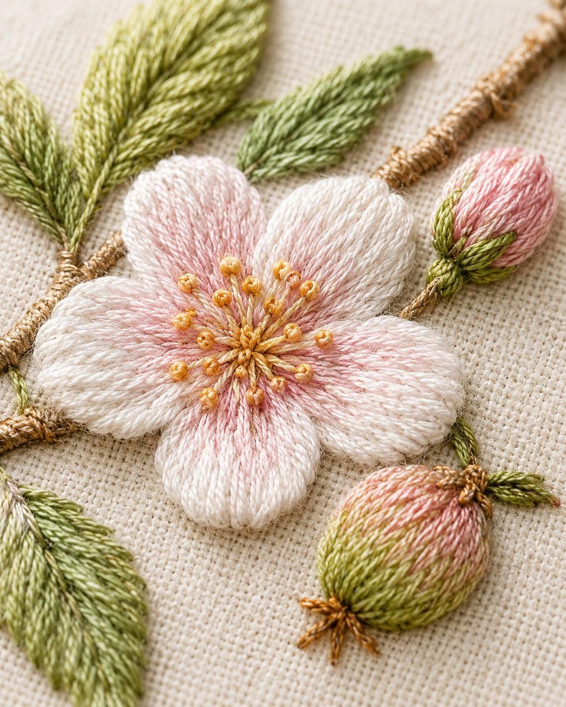 Fruit Blossom Branch finished design flatlay for the digital hand embroidery pattern and stitch guide