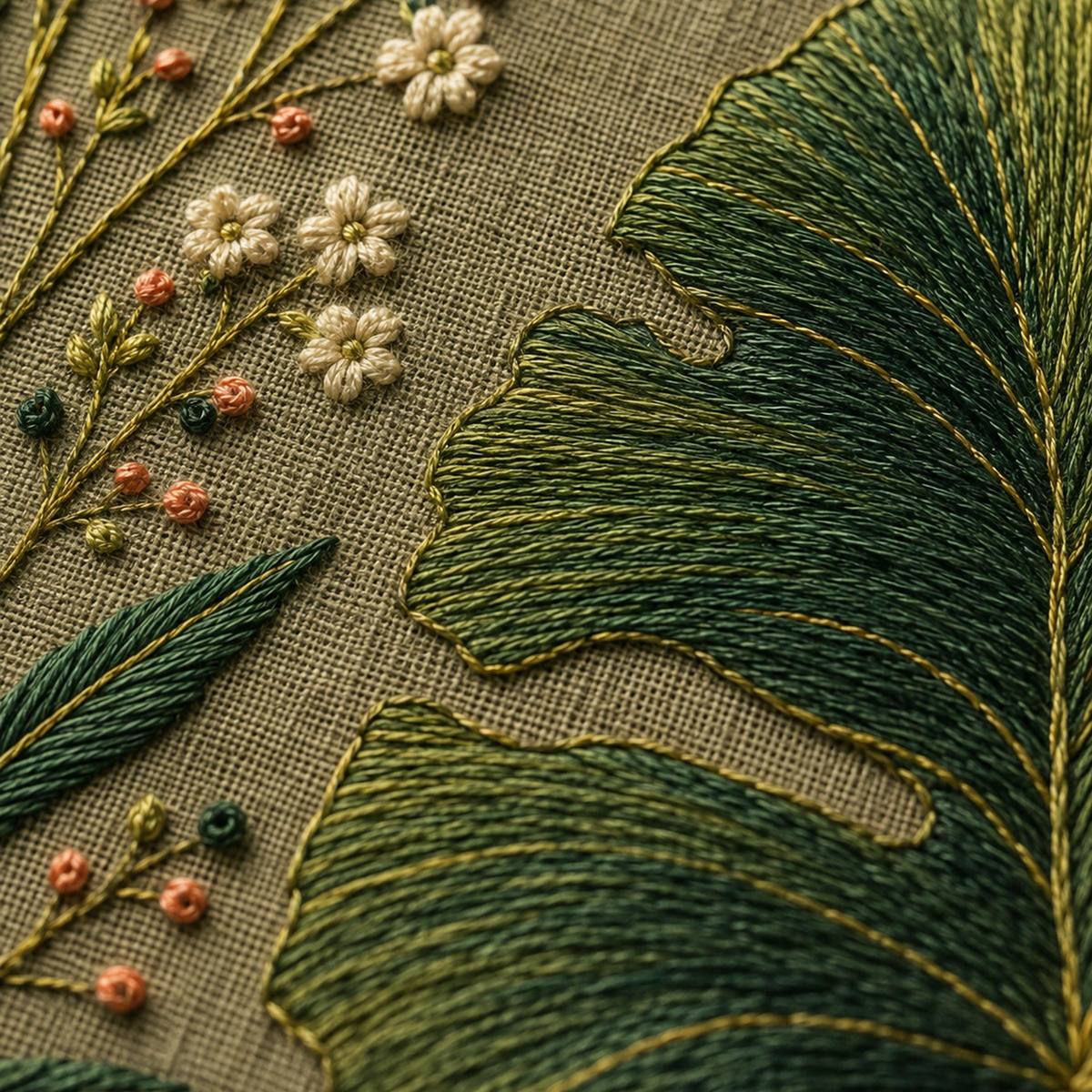 Giant Leaf Shadow stitch detail closeup for the digital hand embroidery pattern and stitch guide