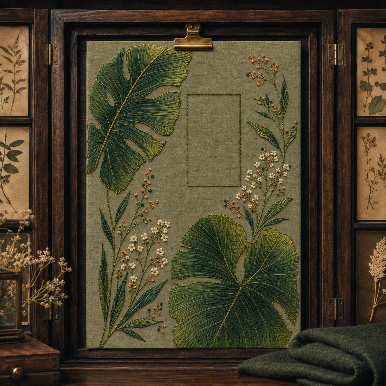 Giant Leaf Shadow framed textile display for the digital hand embroidery pattern and stitch guide